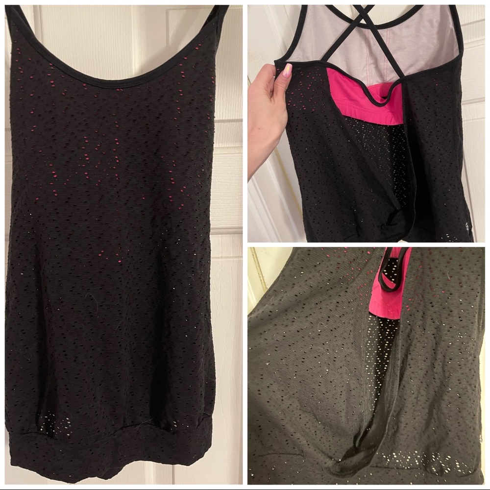 Tonic tank, pink bra w/black mesh overlay